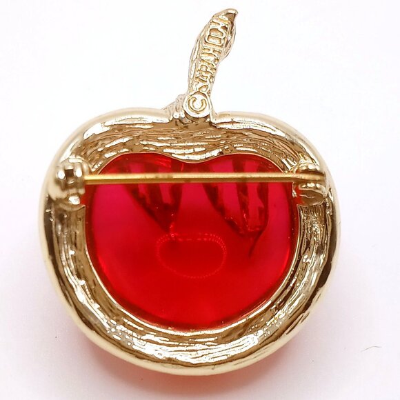 Vintage Sarah Coventry Brooch Gold-tone Cabochon Lucite Leaf Red Apple Design - Picture 6 of 10